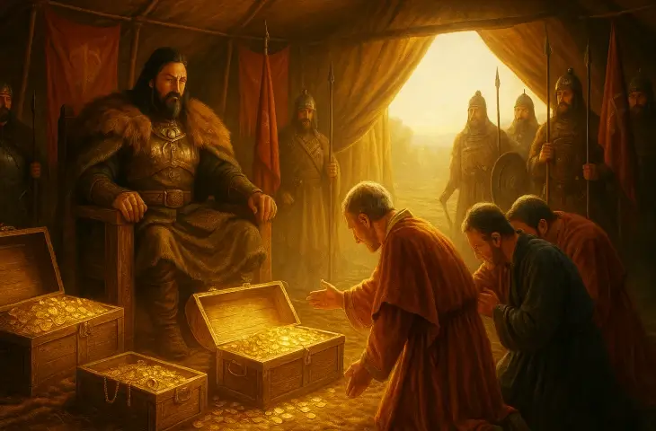 Attila’nın çadırında tahtta oturduğu, Bizans elçilerinin ise altın dolu sandıkları teslim ederken eğildiği diplomatik sahne.